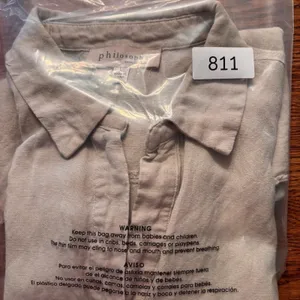 Philosophy Shirt Women's Size L‎ 55% Linen Beige Short Sleeves with ties Boho thumbnail 8