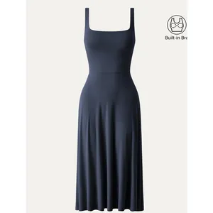 OGL Move Square Neck Flowy Midi Bra Dress Midnight Navy Blue Small NEW thumbnail 2