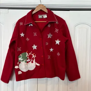 Take Two Red Snowman Button Up Shacket‎ Size Medium thumbnail 1