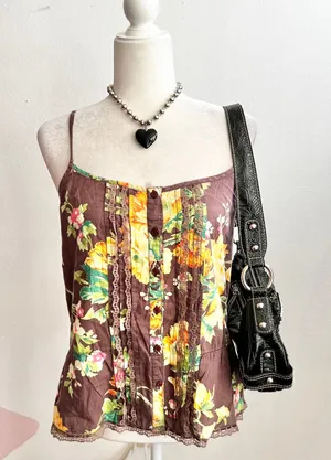 Love Squared Brown Floral Lace Trim Tank Top Y2K 2000s Cottagecore Boho Vintage‎ Medium thumbnail 1