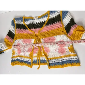 POL Crochet Tie Front Cardigan Floral Lace Striped Boho Sweater Medium thumbnail 5