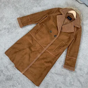 Stradivarius Women’s Faux Suede Teddy Shearling Long Coat Jacket in Brown L thumbnail 1