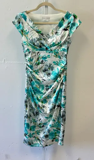 London Times Teal Green‎ Floral Ruched Sheath Satin Midi Dress Size 4 Cap Sleeve thumbnail 1