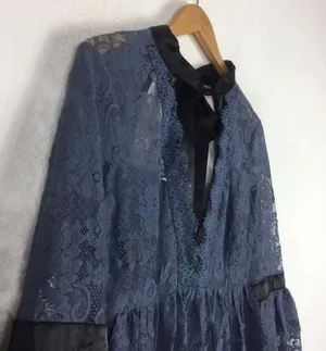 NWT Free People Gilded Lace Victorian Dusty Blue Bow Tunic Mini Dress Small thumbnail 8