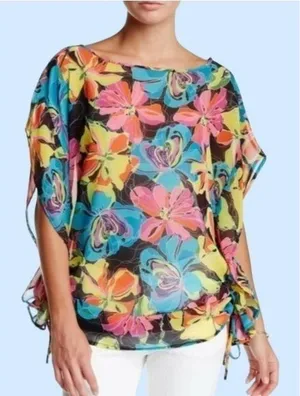Vertigo Semi-Sheer Vibrant Floral Top Or Swim Cover XL thumbnail 1