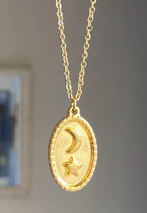 Handmade gold stainless steel celestial whimsical vintage oval moon & star necklace🌟 thumbnail 1