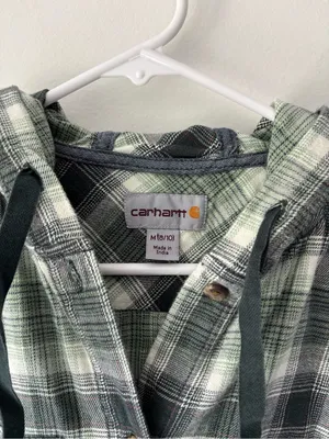 Carhartt Relaxed Fit Flannel Hooded Green White Plaid Button Front Shirt thumbnail 2