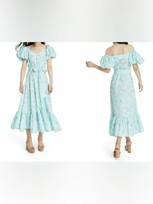 Love Shack Fancy X Target Estelle Blue Floral Puff Sleeve Midi Dress Size 8 thumbnail 3