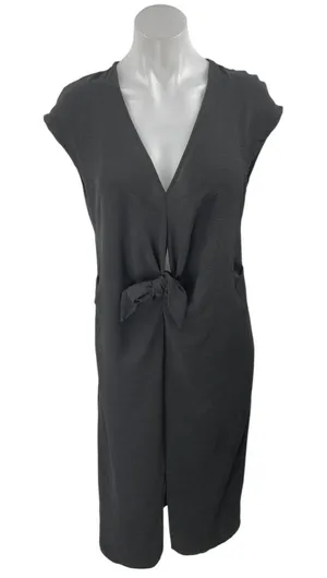 Zara Black Short Cap Sleeve Pocket Deep V Neck Tie Front Wrap Midi Dress Size M thumbnail 1