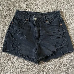 American Eagle Super Destroyed Black High Rise Mom Distressed Denim jean shorts thumbnail 1