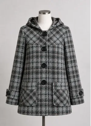 Sashimi Womens Grey Plaid Hooded Wool Blend Pea Coat Jacket Size Medium‎ thumbnail 1