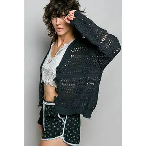 POL Open-Knit Floral Button‎ Cardigan - Small thumbnail 3