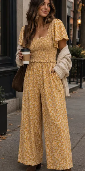 Smocked Bodice Wide-Leg Jumpsuit in Mustard Floral thumbnail 1