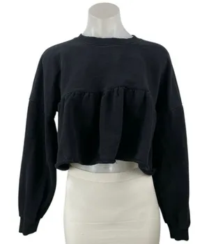 Zara Women's Black Long Sleeve Crew Neck Knit Boxy Ruffle Sweatshirt Top Size M thumbnail 1