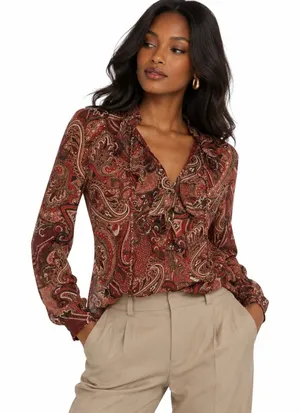 Premise Ruffle Tie Neck Paisley Print Blouse Red Brown Mature Lightweight Size S thumbnail 1