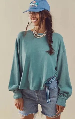 Free People Care FP Ready For This Tee Cropped Oversized Aegean Teal Size Large thumbnail 1