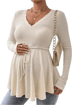 SHEIN Maternity Waffle Knit V-Neck Tunic with Waist Tie thumbnail 1