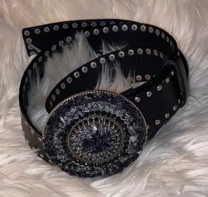 Black Studded Leather Belt with Decorative Round Buckle thumbnail 1