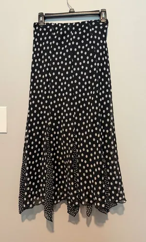 Damart Polka Dot Handkerchief Hem Midi Skirt Black White Chiffon Lined UK 12 thumbnail 1