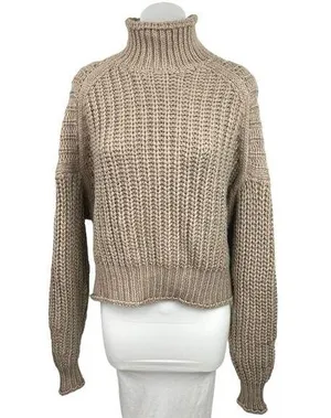 H&M Brown Beige Tan Chunky Knit Turtle Neck Long Sleeve Pullover Sweater Top M thumbnail 1