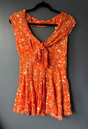 Free People Orange Floral Tie-Front Dress with Cutout Back thumbnail 1