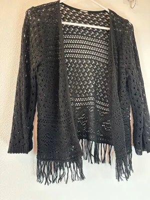 Black‎ Crochet Fringe Cardigan Open Knit Boho Festival Wrap Sweater thumbnail 1
