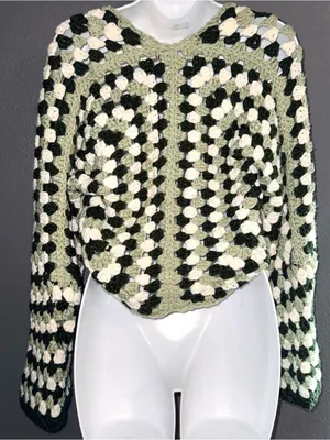 Handmade Crochet Granny Square Cardigan Tie Front Green Crop Top Small Medium thumbnail 6