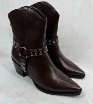 Lulus Dark‎ Brown Faux Leather Harness Western Ankle Boots Pointed Toe Zip 8 thumbnail 1
