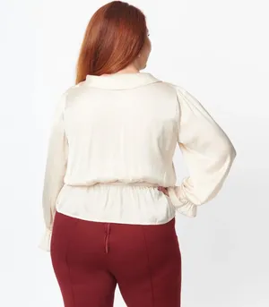 Unique Vintage NWT Champagne Satin Peplum Blouse X-LARGE thumbnail 4
