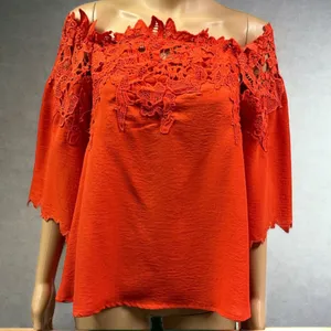 Umgee Red Orange Lace Appliqué Off Shoulder Top Sleeve Detail Womens Small thumbnail 13