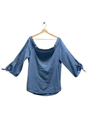 Free People Show Me Some Shoulder Chambray Top Blue Size L Minimalist Boho Beach thumbnail 2