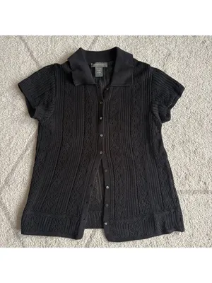 Banana Republic Y2K Black Pointelle Knit Polo Button Front Top thumbnail 2