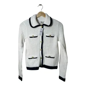 Loft tipped ribbed sweater‎ jacket cream navy blue trim xxs thumbnail 3