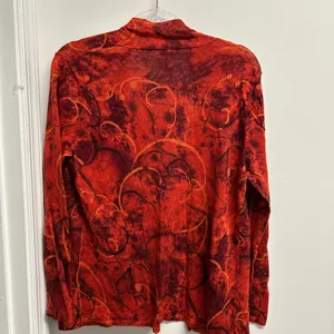 Chico's Vibrant Abstract Orange Linen Blend Open Cardigan thumbnail 2