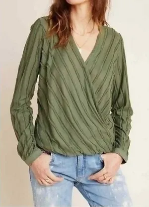 Maeve Audre Top Women XXS Olive Green Textured Faux Wrap Long Sleeve Boho thumbnail 1