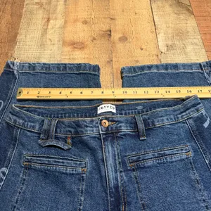 Frayed Dark Wash Bow Print Side High Rise Barrel Leg Jeans Sz 32 Boho Festival thumbnail 5