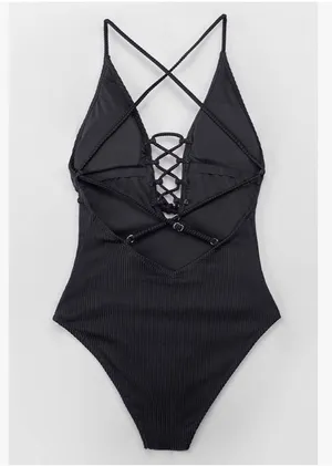 CUPSHE Black Ribbed V-neck lace up one piece swimsuit small NEW thumbnail 4