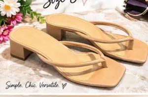 JustFab Tan Minimalist Square-Toe Mid Block Heel Sandals size 8 thumbnail 1