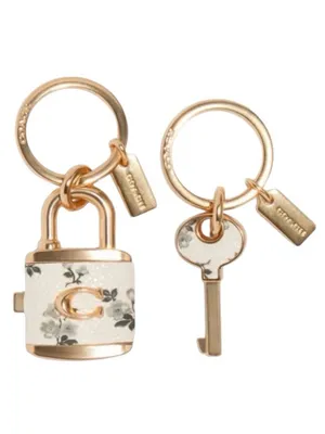 Coach keychain for women, key ring, lock, bag charm, leather floral pattern-RARE thumbnail 3