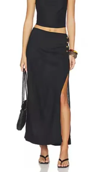 Free People Cotton High Slit Side Buttons Maxi Skirt Black Large thumbnail 1