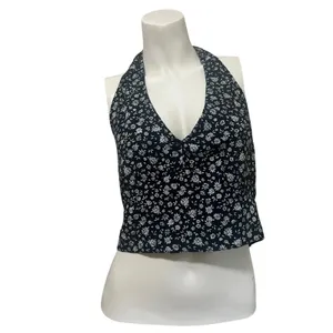 NWT L American Eagle Floral Halter Crop Top Smocked Preppy Coastal Vacation $25 thumbnail 2