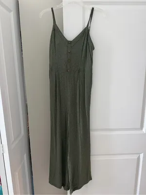 Abercrombie & Fitch Earthy Boho Button Front Tie Back Jumpsuit Green White Dot thumbnail 3