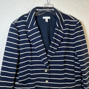 Charter Club Womens Navy Blue White Striped Knit‎ Blazer Jacket XL thumbnail 3