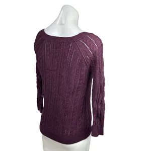 American Eagle Y2K Maroon Red Crochet Cable Knit Long Sleeve Sweater Top XS thumbnail 3