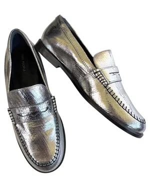 NEW Free People Leather Blanket Stitch Loafers Metallic Silver Size 8 thumbnail 1