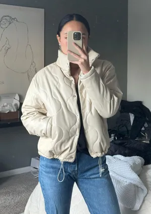 Forever21 cream puffer wavy stitch cinchable waist transition jacket thumbnail 2