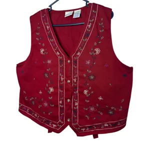 Bobbie Brooks Womens XL Red Cotton Floral Embroidered Button Front Vest thumbnail 1