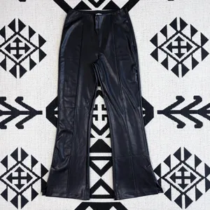 Abercrombie & Fitch Split Hem Vegan Leather Slim Flare Pant in Black Medium thumbnail 6