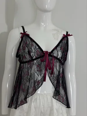 Women’s Whimsigoth Sleep Top Black Lace Babydoll Bows Floral Fairy Size XL thumbnail 1
