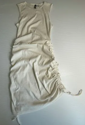 H&M Divided Sleeveless Ribbed Dress‎ Bodycon Ruched Drawstring Beige Small thumbnail 1